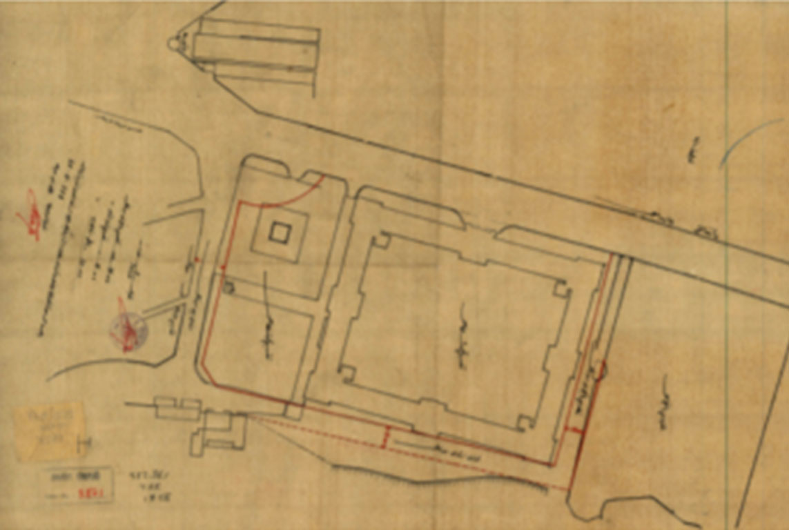 Resim 4. Cumhuriyet Anıtı’na yer açılması için kışlanın ahır kısımlarında yıkılması planlanan alanı gösteren çizim (Atatürk Kitaplığı, 1928, harita no: HRT003871).