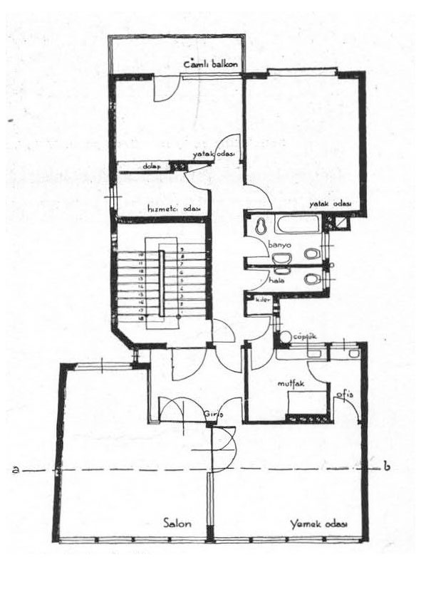 Şekil 3. Sedat Hakkı’nın Maçka’daki Bayan Firdevs Evi’nin planında yan yana tasarlanan mutfak, ofis ikilisinin yanına kiler de eklenmiştir. Ofis yemek odasına açılmaktadır (Hakkı, 1934: 334).