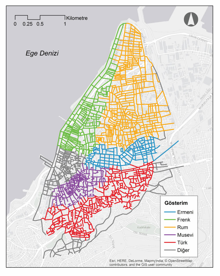 Şekil 2. İlk olarak Joseph Meyer (1796-1856) tarafından Leipzig’de basılan ve daha sonra Smyrnelis (2013) tarafından yeniden yayımlanan “City Plan of Smyrna (İzmir Kent Planı)” adlı halihazır haritadan sayısallaştırılan sokakların mahallelere gore renklendirilmiş biçimi. Harita altlığı olarak ESRI firması tarafından geliştirilen ArcGIS® programı kullanımıştır. ArcGIS® ve ArcMap™ ESRI firmasının telif hakları kapsamındadır ve lisanslı olarak kullanılmıştır. (Copyright © Esri.ESRI, DeLorme, NAVTEQ, 2013.)