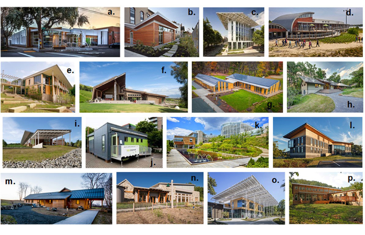 Resim 1: İncelenen yaşayan binaların resimleri: (a) Arch - Nexus SAC, (b) Bertschi Living Building Science Wing, (c) Bullitt Center, (d) Chesapeake Bay Brock Environmental Center, (e) Frick Environmental Center, (f) Hawai'i Prep Academy Energy Lab, (g) Hitchcock Center for the Environment, (h) Morris & Gwendolyn Cafritz Foundation Environmental Center, (i) Omega Center for Sustainable Living, (j) Perkins SEED Classroom, (k) Phipps Center for Sustainable Landscapes, (l) R. W. Kern Center, (m) Smith College Bechtel Environmental Classroom, (n) The Health, Wellness and Nutrition Center at the Willow School, (o) The Kendeda Building for Innovative Sustainable Design, (p) Tyson Living Learning Center.