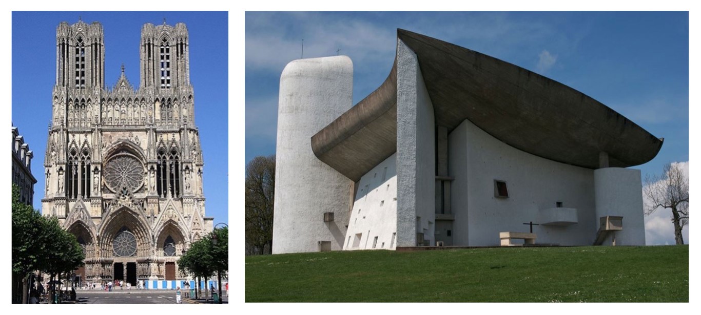 Resim 1. Reims Katedrali / Fransa - Gotik Mimari (Solda) (Url 1, 2022), Ronchamp Şapeli / Fransa - Modern Mimari (Sağda) (Url 2, 2022).Image 1. Reims Cathedral / France – Gothic Architecture (Left) (Url 1, 2022), Ronchamp Chapel / France - Modern Architecture (Right) (Url 2, 2022).