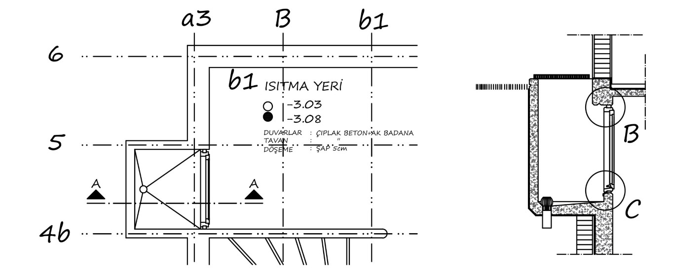 Şekil 10. İsmailgil’in Evi Kısmi Bodrum Kat Planı ve A-A Kesiti (Salt Arşiv’inden düzenlenmiştir).Figure 10. İsmailgil’s House Partial Basement Floor Plan and Section A-A (Edited from the Salt Archive).