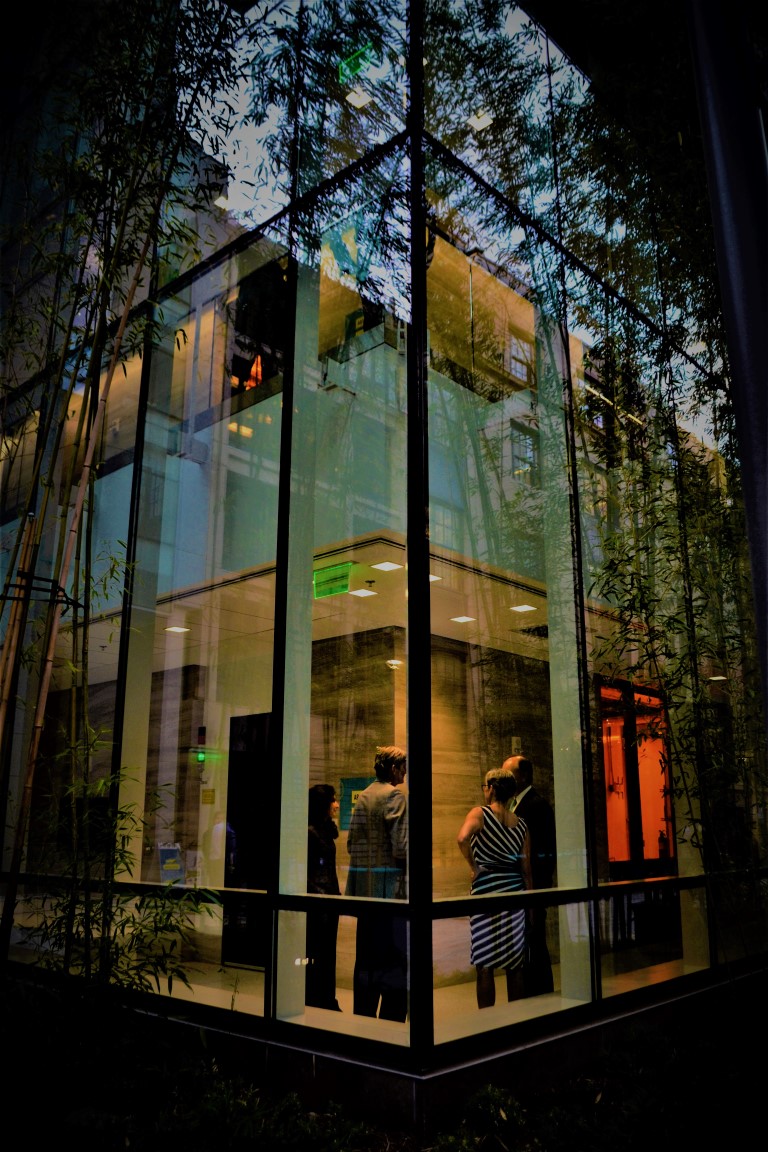 Resim  4, 5. MIT.Nano Binası çevresindeki peyzaj tasarımı ve düzenlemesinin şeffaf dış cephedeki yansımaları, Cambridge, Massachusetts, USA. (Fotoğraf: Dr. Meral Ekincioğlu).Image 4, 5. Reflections of landscape design and arrangement surrounding the MIT Nano Building on its transparent façade, Cambridge, MA, US. (Photo: Dr. Meral Ekincioglu).