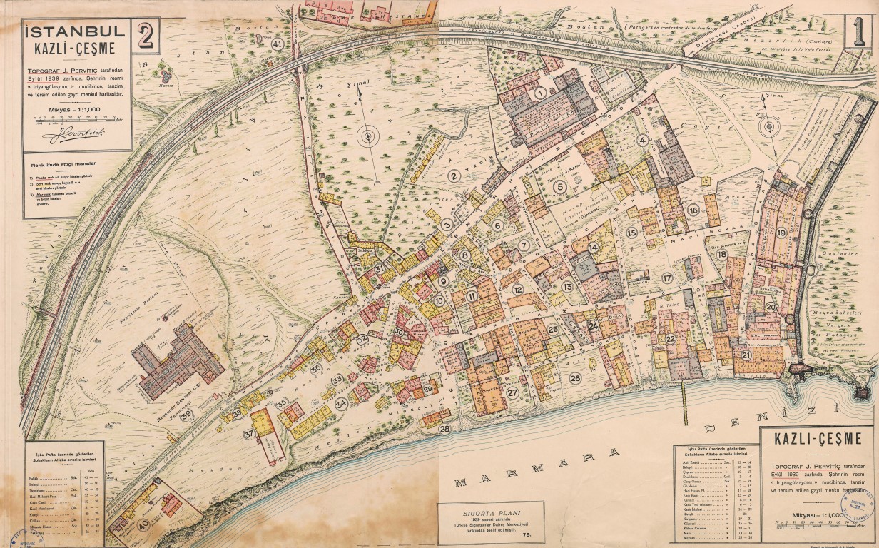 Şekil 1. 1939 yılında Pervititch’in hazırladığı Kazlıçeşme’nin 1:1.000 ölçekli haritası (Pervititch, 1939).Figure 1. 1:1.000 scale map of Kazlıçeşme, prepared by Pervititch in 1939 (Pervititch, 1939).
