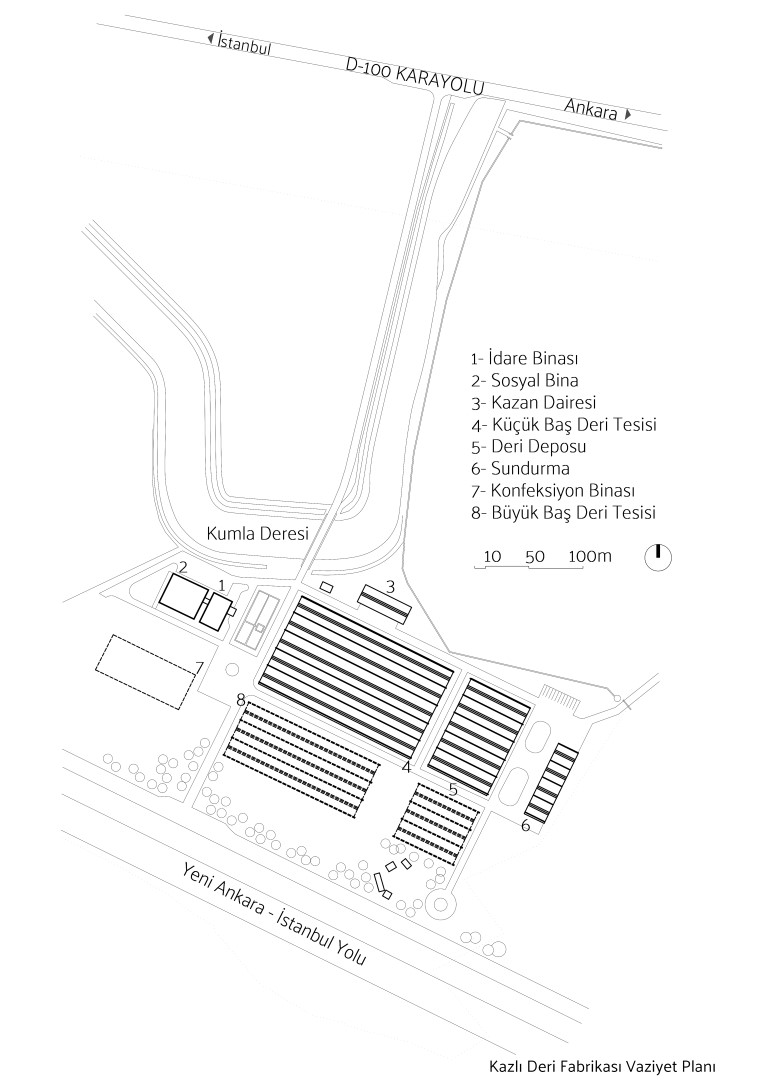 Şekil 2. Kazlı Deri Fabrikası vaziyet planı (6) (Tekeli ve Sisa, 1975).Figure 2. Kazlı Leather Factory layout plan (6) (Tekeli and Sisa, 1975).
