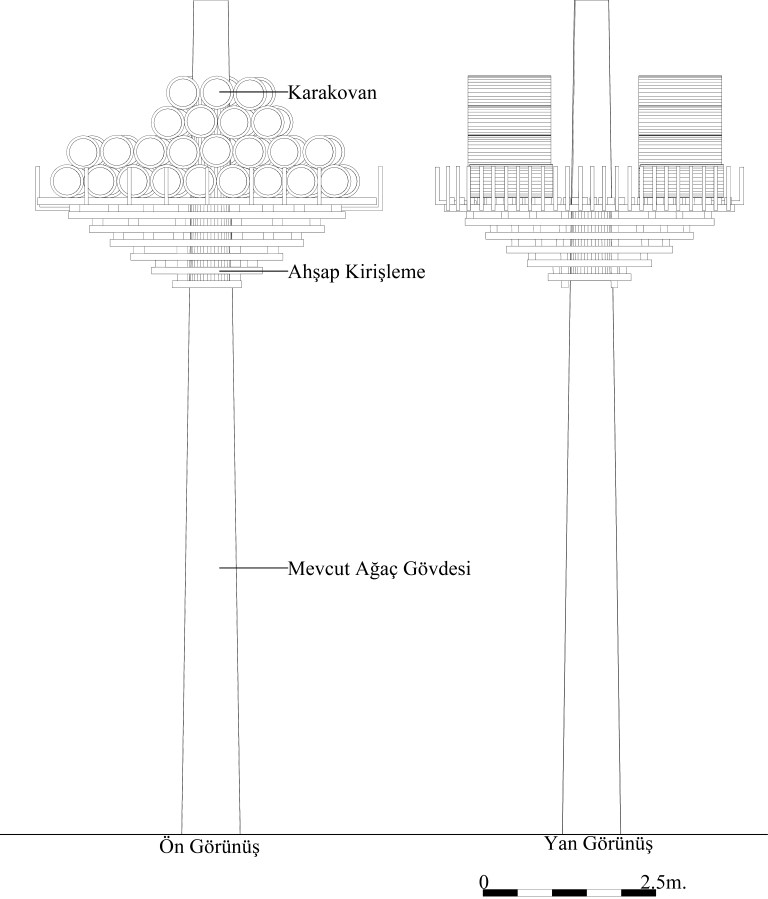 Şekil 1. Ağaç üzerinde ahşap platform olarak kurgulanan arı evi (kovanlık), ön ve yan görünüş, Anamur.