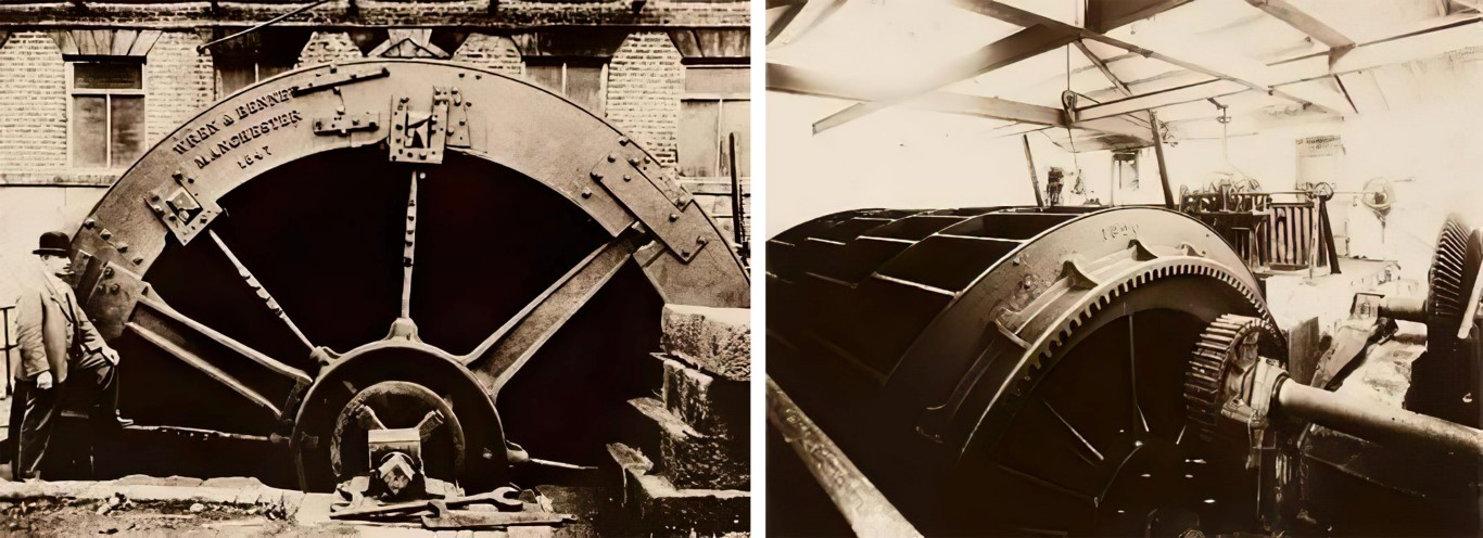 Resim 1. a) 1847 yılında inşa edilen Masson'daki su çarkı, (Farmer, 2015); b) 1829 yılında inşa edilen Milford su çarkı (Farmer, 2015). Çarklar daha sonra verim bakımından yüksek türbinlerle değiştirilmiştir.Image 1. a) The water wheel at Masson, constructed in 1847 (Farmer, 2015); b) The Milford water wheel, built in 1829 (Farmer, 2015), were later replaced by more efficient turbines.