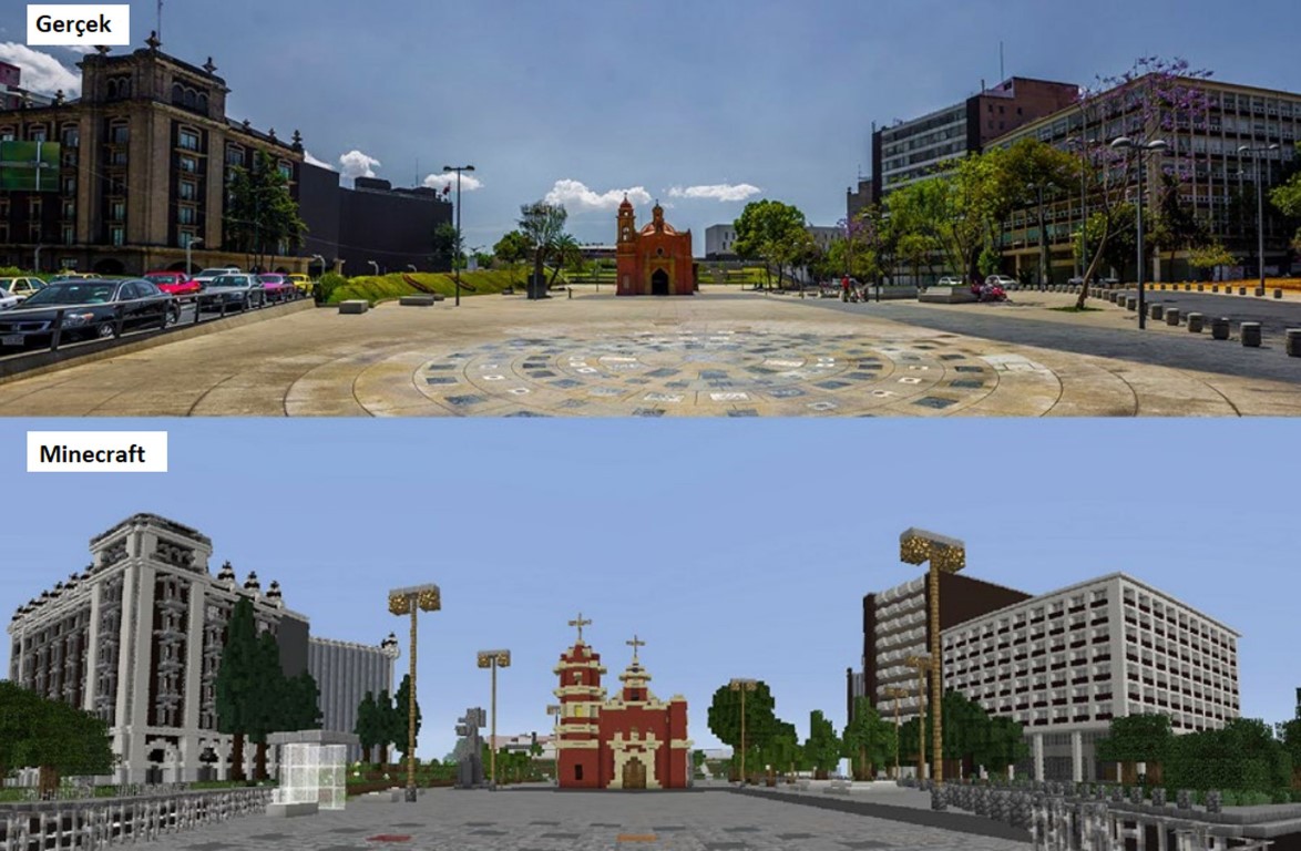 Resim 1. Seçilen bir kentsel alanın gerçek fotoğrafı ve Minecraft modeli (URL-2).Image 1. Real photo and Minecraft model of a selected urban space.
