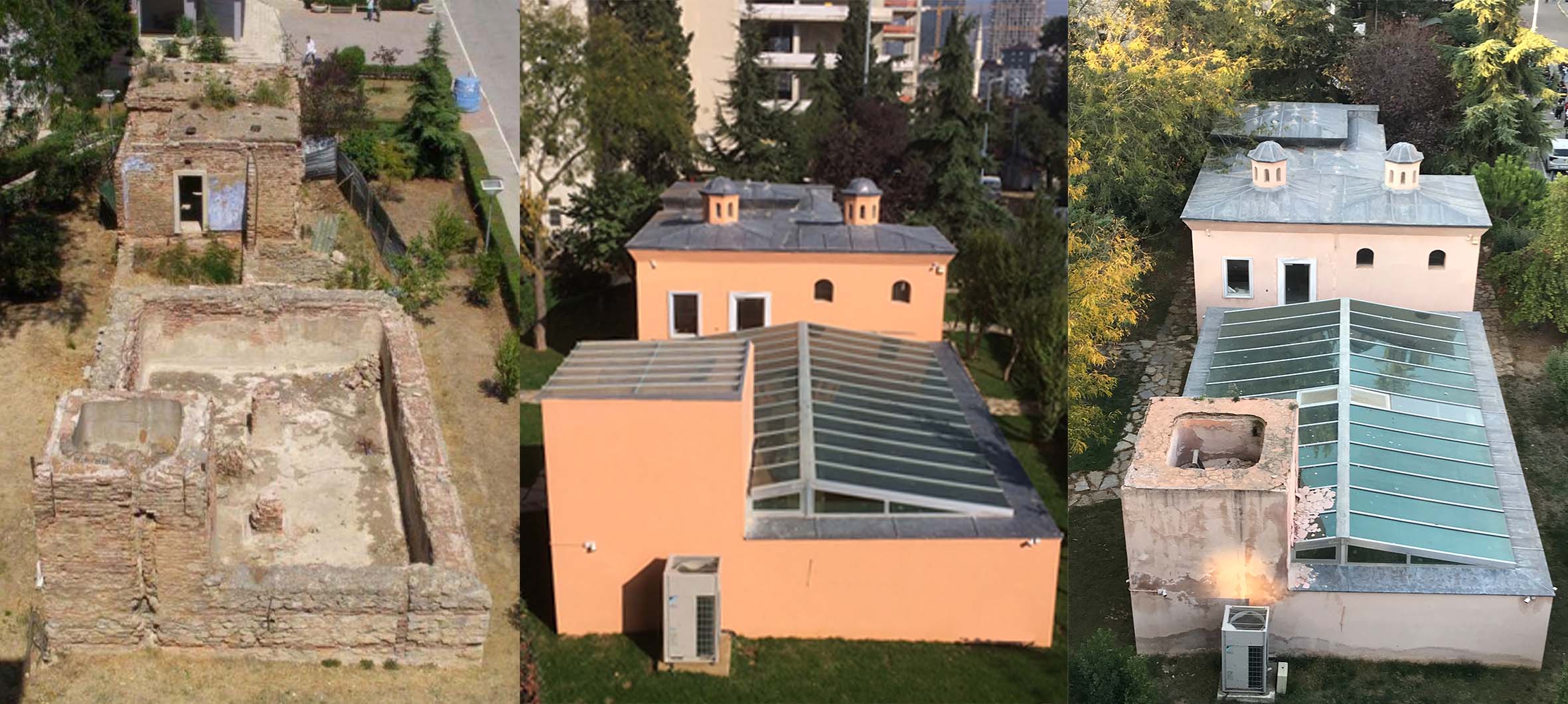 Resim 1. Hamamın sırasıyla uygulama öncesi, sonrası ve günümüzdeki durumu (7). Image 1. Before and after restoration and today's view of the bath (7).