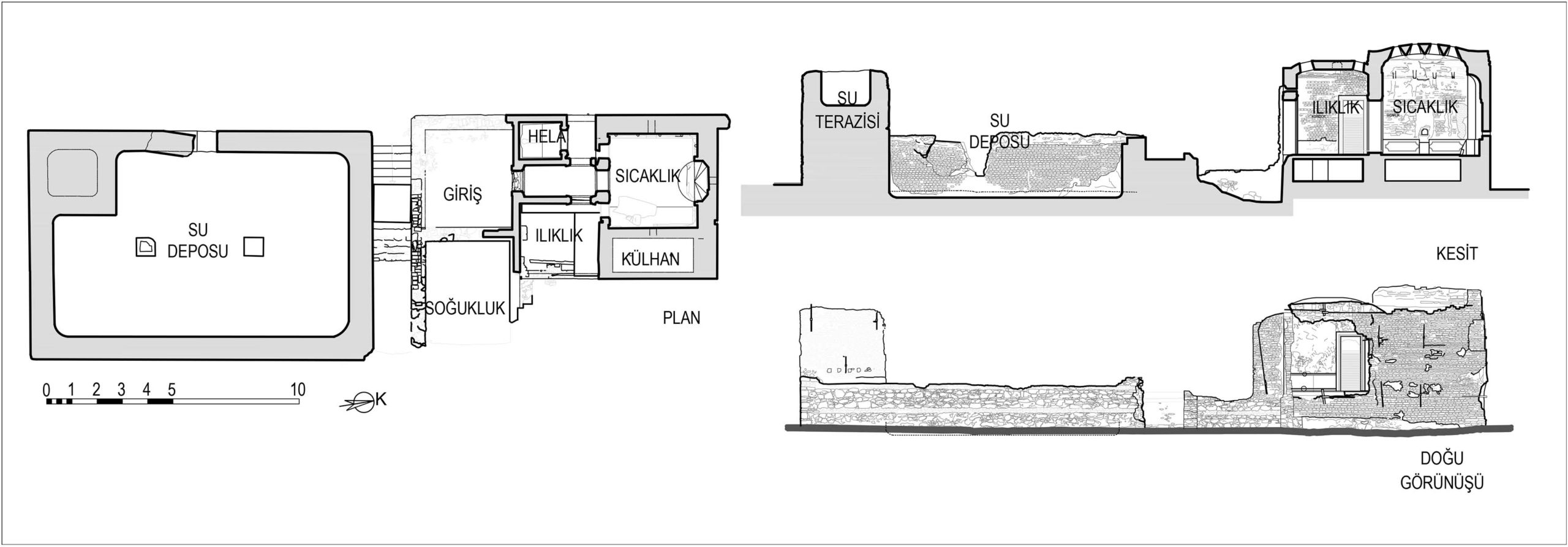 Şekil 2. Koruma Kurulu onaylı projesinden, hamamın rölöve çizimleri (7). Figure 2. Survey drawings of the bath from the Conservation Board-approved project (7).