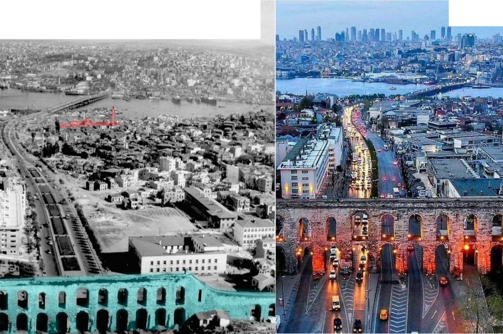 Resim 1. Bozdoğan Su Kemerleri 1940 ve 2019 (URL 1, URL 2).Image 1. Bozdoğan Aqueducts 1940 and 2019 (URL 1, URL 2).