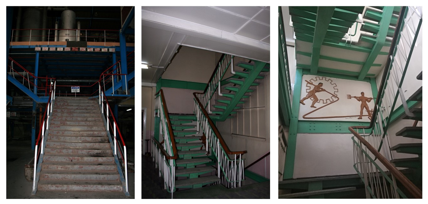 Resim 3. Üretim binası ve İdari binasındaki çelik merdivenler, (Yazarlar arşivi, 2012 ve 2020).Image 3. Manufacturing building and the steel stairs in the management building (Authors archive, 2012 and 2020).