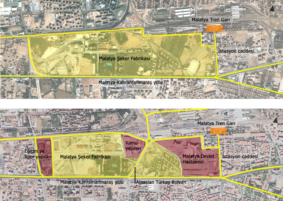 Şekil 1. Yerleşkenin 2001 ve 2022 yıllarına ait google earth görüntüleri üzerinden kentsel alandaki değişimi.Figure 1. Google earth images of the settlement’s change in urban area in 2001 and 2022.