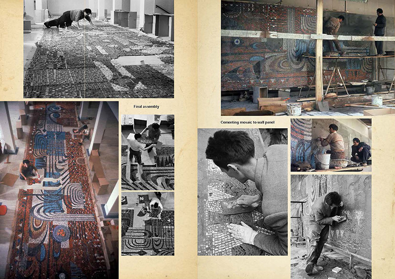 Resim 4. NATO Karargahı duvar panosu hazırlıkları, Hızır Usta’nın cam mozaik uygulama aşamalarından kesitler (Kültür Envanteri, 2021).Image 4. NATO Headquarters Wall Panel Preparations including Hızır Usta's glass mosaic application stages.