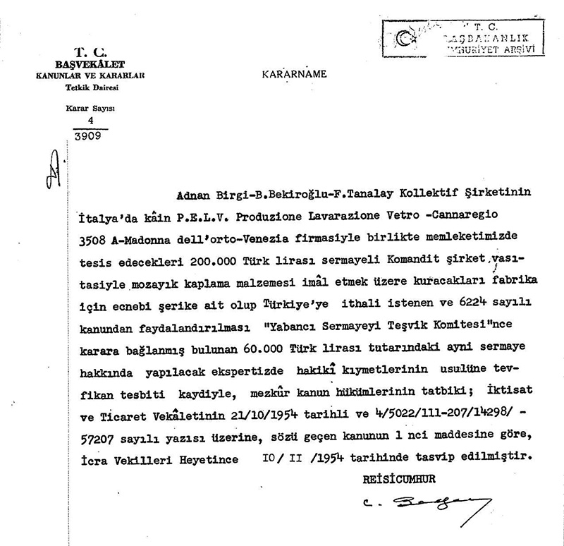Şekil 2. Başbakanlık Cumhuriyet Arşivi’nde Betebe firmasının yabancı yatırım teşvikinden yararlanması ile ilgili kararnamelerden bir örnek (BCA, 1954).Figure 2. An archival record of the decrees regarding the use of foreign investment incentives by Betebe.