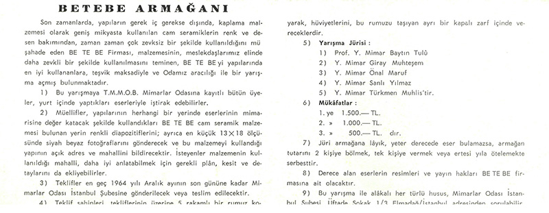 Şekil 7. Betebe Armağanı Yarışması (Anonim, 1964).Figure 7. “Betebe Armağanı” Competition (Anonymous, 1964).