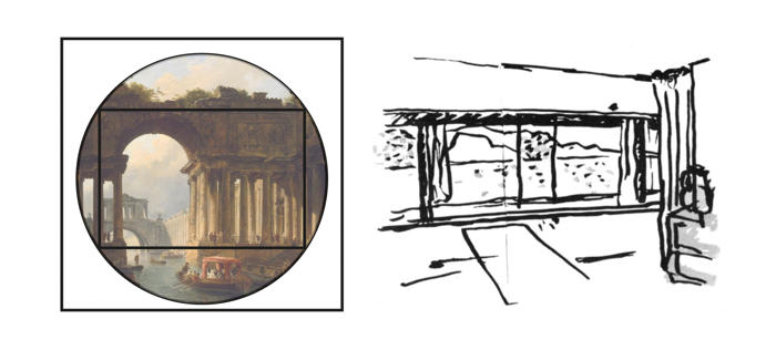 Şekil 5. Le Corbusier’nin pencere eskizi ve manzarayı pencere içinde oturtması (Colomina, 1987) ve kameranın yalnızca dikdörtgen çerçeveye izin veren mekaniği.