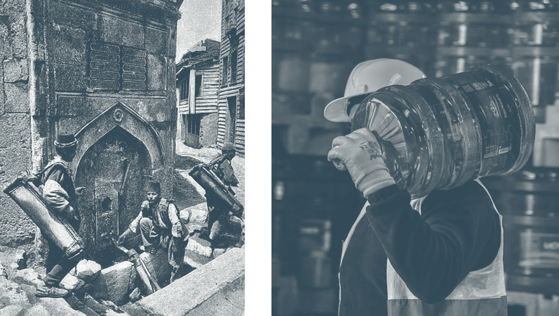 Resim 1, 2. 19. yüzyılda Küçükparmakkapı’daki Abdullah Ağa Çeşmesi’nde Sakalar ve 2000’ler sonrasında özelleştirilmiş şişelenmiş su dağıtımı.