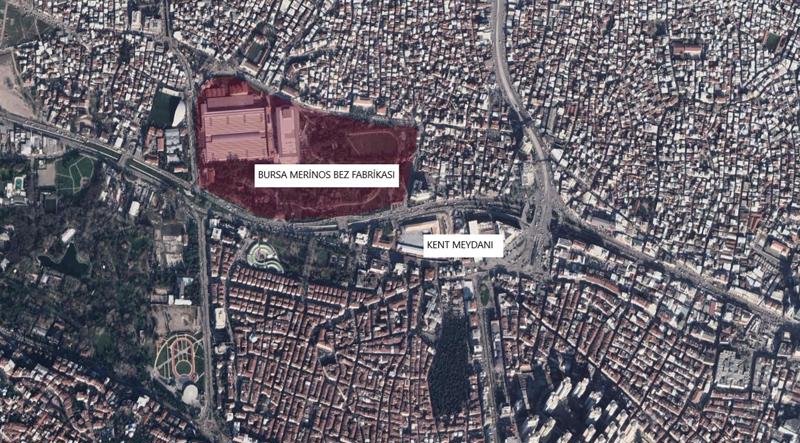 Resim 2. Bursa Merinos Dokuma Fabrikası uydu görüntüsü (Google Earth Pro, 2023).Image 2. Bursa Merinos Weaving Factory satellite image (Google Earth Pro, 2023).