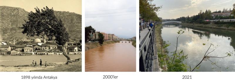 Resim 4. Antakya ve Asi Nehri’nin ilişkisinin yıllar içindeki değişimi. (2009 onanlı Antakya KAİP Raporu; Başgelen, 1998; Hatay Büyükşehir Belediyesi Arşivi, 2018; Antakya Gazetesi, 2006; Çılğın, 2021).